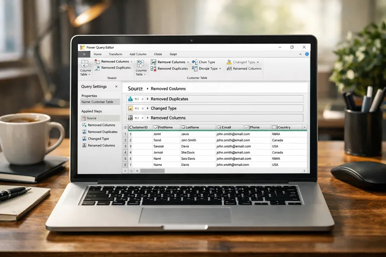 Power Query adımlarıyla model hazırlığını sadeleştirme Power Query ekranında müşteri boyutunun kolon azaltma ve tekilleştirme adımlarıyla sadeleştirildiği akış