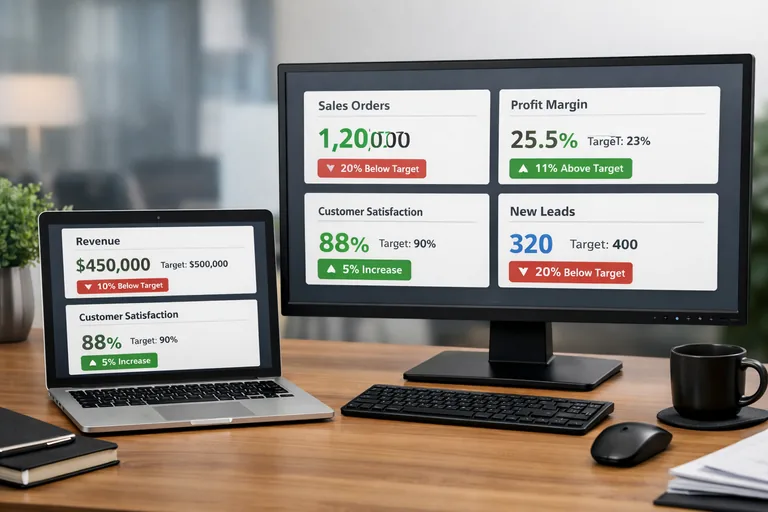 Hedef ve sapma odaklı KPI kart tasarımı Hedefe göre renklenen KPI kartları, yanında yüzde değişim rozetleri ve aşağıda zaman serisiyle hızlı durum analizi