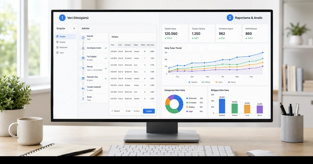 M ile DAX iki katman karşılaştırma diyagramı Solda M kodu yazılı Power Query adım listesi sağda DAX formül kartı ve Power BI bar grafik mockup iki dil karşılaştırma diyagramı