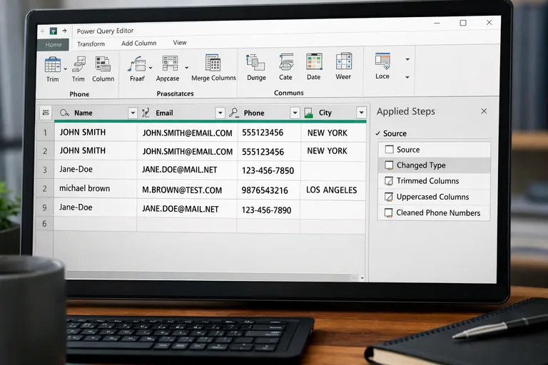 Power Query transformations for consistent text keys Power Query düzenleyicisinde metin sütunlarına trim ve upper dönüşümleri uygulanırken birleşim adımının gösterilmesi
