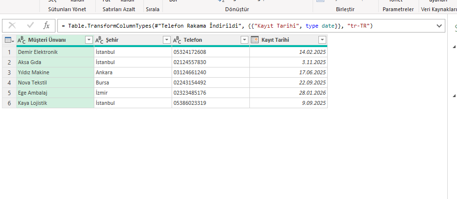 Kültür parametreli tür dönüşümü formülü Power Query formül çubuğunda tr-TR kültür parametreli tarih dönüşümü ve standartlaşmış önizleme tablosu