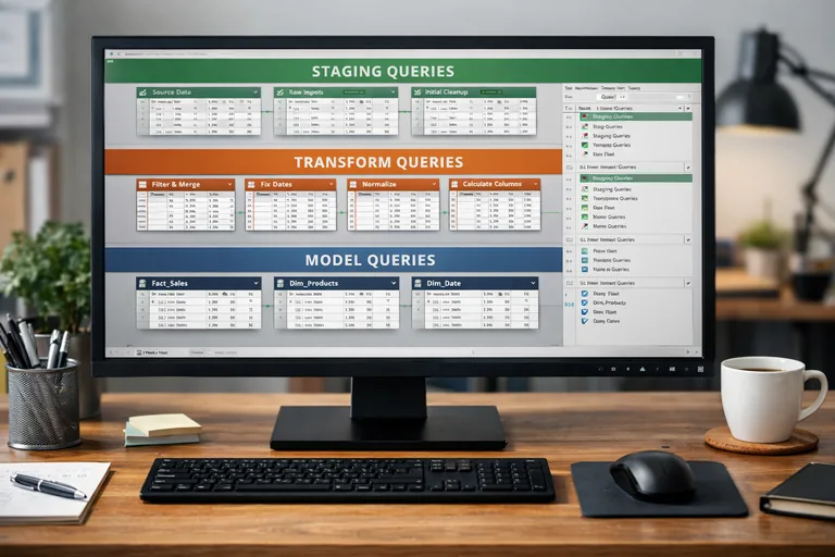 Staging, transform ve model katmanlarının ayrı sorgular olarak düzenlendiği bir Power Query proje yapısı