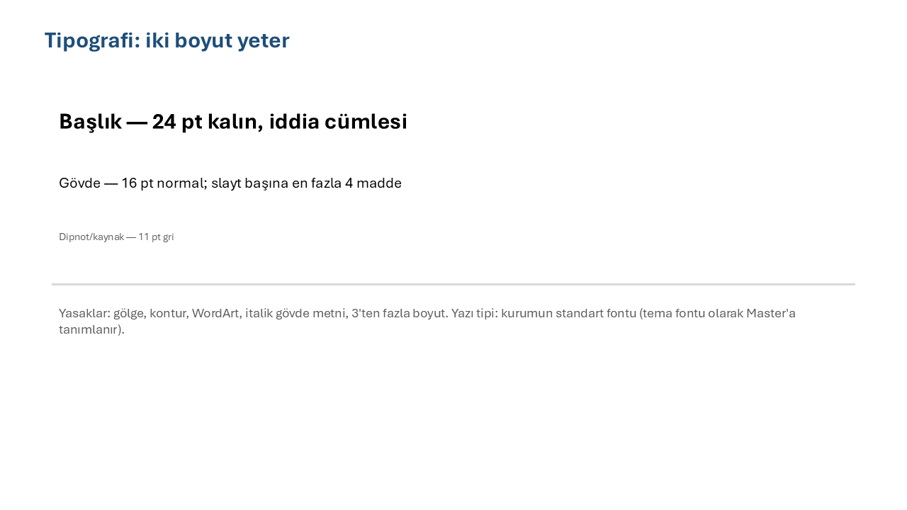 24-16-11 punto tipografi hiyerarşisi Tipografi slaytı: 24 punto kalın başlık, 16 punto gövde ve 11 punto gri dipnot hiyerarşisi