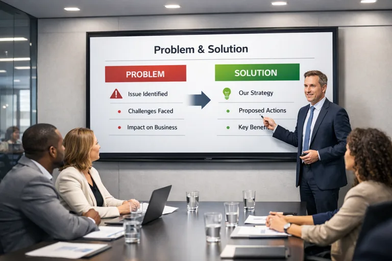 Problem-Çözüm akışıyla ikna edici sunum tasarımı yaklaşımı Toplantı odasında ekrana yansıtılan problem-çözüm kurgulu slayt dizisi, ekip dikkatle izliyor