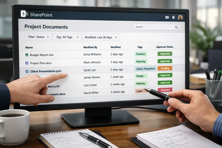 Filtreli liste ve durum bazlı görünümler örneği Metadata kolonlarıyla filtrelenen doküman listesi ve onay durumuna göre farklı görünümler