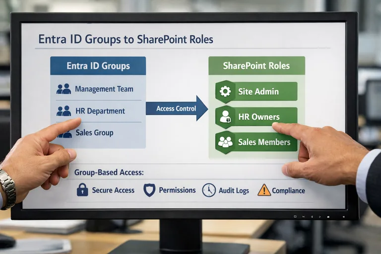 Merkezi grup yönetimi ile SharePoint erişim akışı Entra ID grup yapısı ile SharePoint erişiminin merkezi olarak yönetildiği kurumsal akış şeması