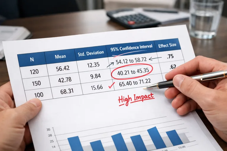 Tablo dilinde metrik ve güven aralığı standardı Hipotez testi tablosunda n, ortalama, standart sapma ve güven aralığının aynı satır yapısında sunulması