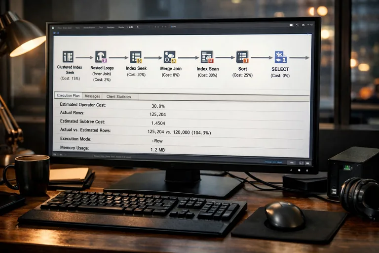 Sorgu planında join algoritmaları ve indeks etkisi Sorgu planında nested loop, hash join ve index seek adımlarını karşılaştıran performans analizi ekranı