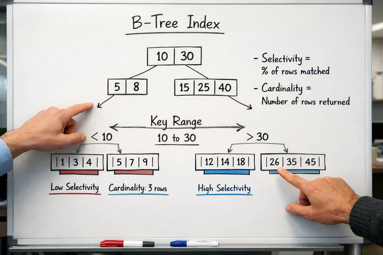 B-Tree araması, seçicilik ve kardinalite etkisi B-Tree düğümleri ve yaprak sayfalar üzerinde aralık araması, seçicilik ve kardinalite örneği gösterilir