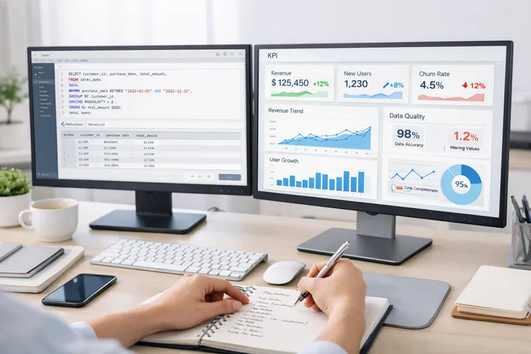 Okunabilir SQL ile ekip içi paylaşım kültürü Geniş ekranda sorgu sonuçları ve metrik trendleri izlenirken performans ve okunabilirlik notları tutan bir ekip çalışması