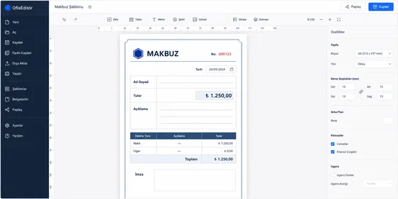 A4 dikey Excel tahsilat makbuzu şablonu şirket bilgileri müşteri detay tablosu yazıyla tutar ve imza alanları