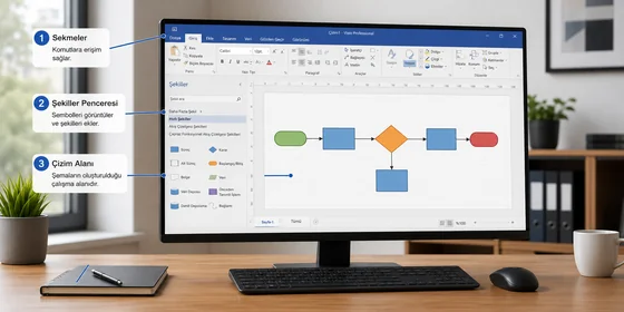 Visio Akış Diyagramı Sembol Paleti Visio akış diyagramı temel sembolleri başlangıç işlem karar veri belge silindir ve ok etiketli paleti