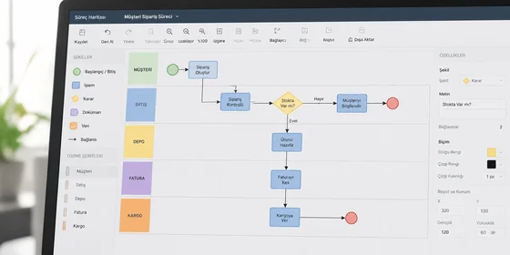 Visio Swimlane Üç Rol Süreç Akışı Visio swimlane diyagramı satış üretim lojistik üç paralel rol şeridi adımlar ve oklarla bağlı süreç akışı