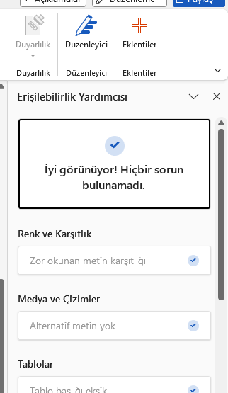 Erişilebilirlik Yardımcısı paneli kontrol sonucu Word Erişilebilirlik Yardımcısı panelinde iyi görünüyor sonucu ile renk karşıtlık, medya ve tablo kontrol kategorileri