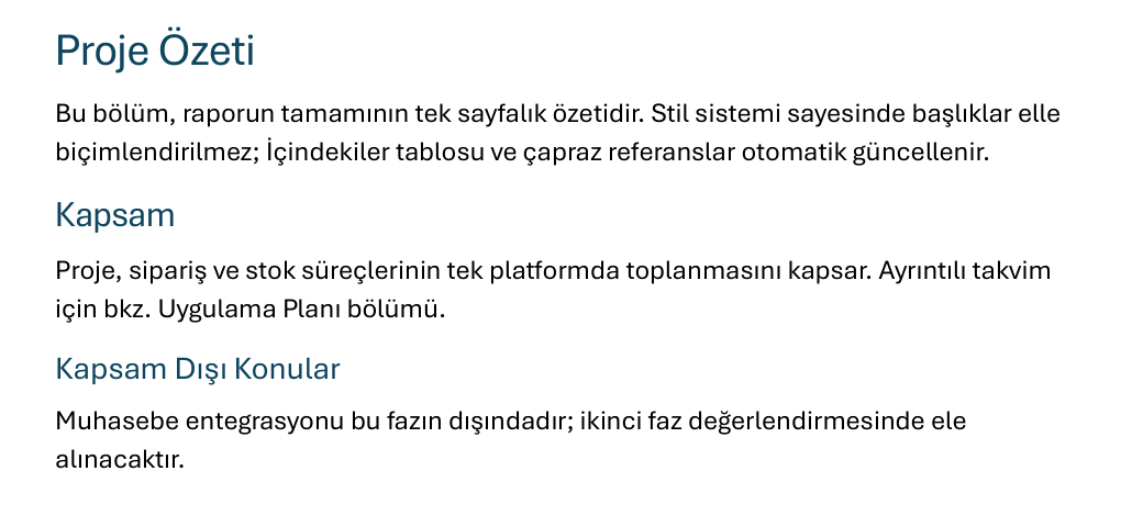 Başlık 1, 2 ve 3 hiyerarşi örneği Word belgesinde üç seviyeli başlık hiyerarşisi: Proje Özeti, Kapsam ve Kapsam Dışı başlıkları