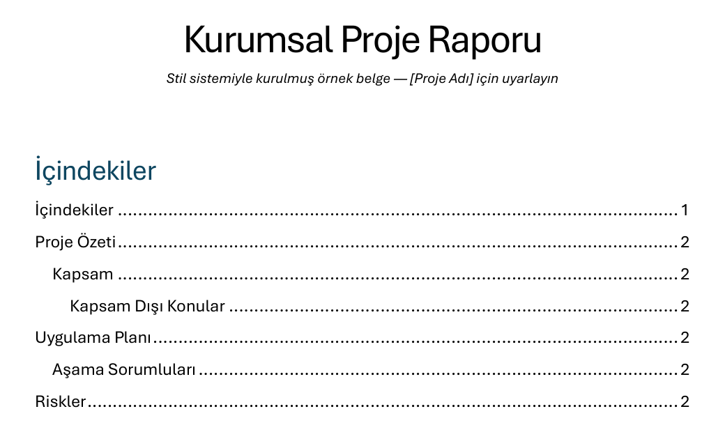 Otomatik oluşturulmuş içindekiler tablosu Word otomatik içindekiler tablosu: sekiz başlık girdisi ve sayfa numaraları