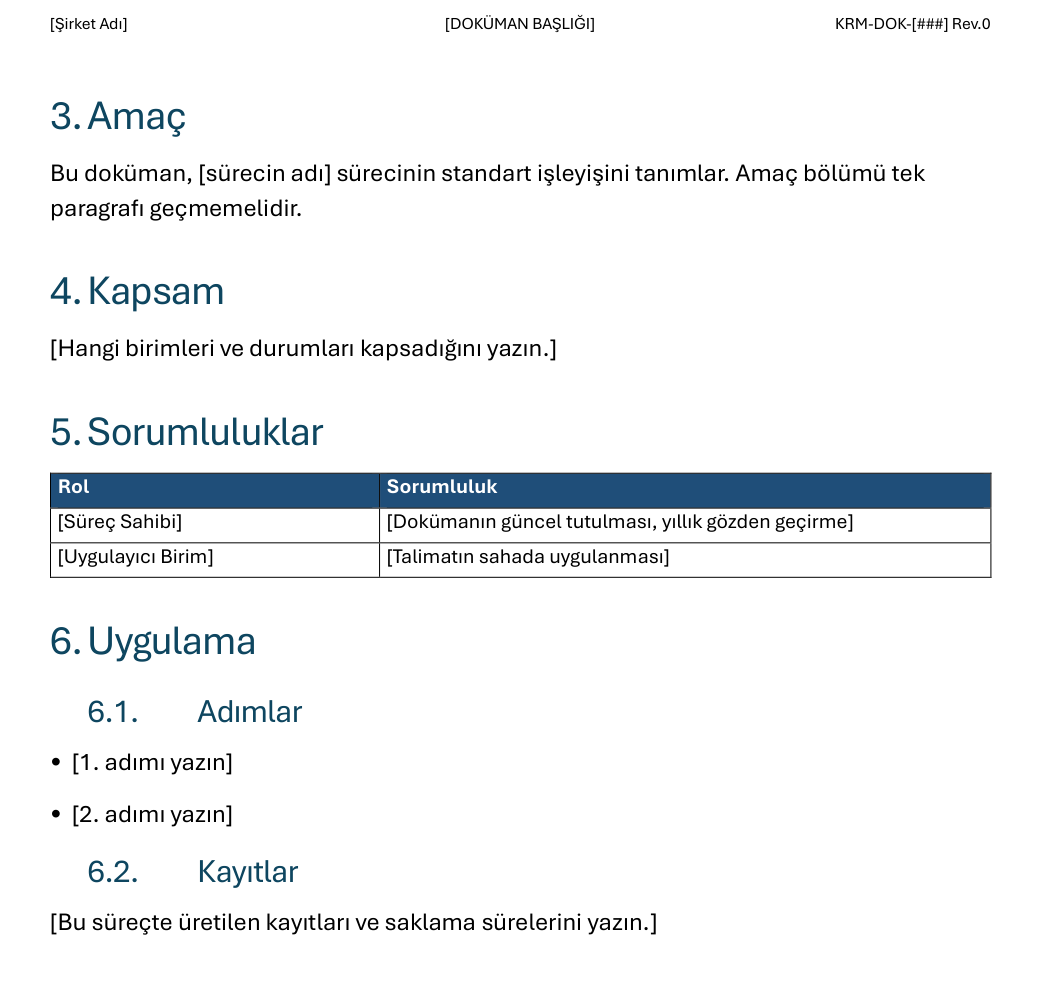 Otomatik numaralı başlıklarla doküman gövdesi Şablon gövdesinde otomatik numaralı bölümler: amaç, kapsam, sorumluluklar tablosu ve uygulama alt maddeleri