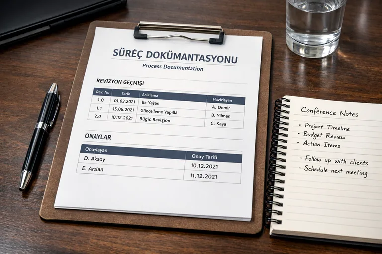 Değişiklik kaydı ve onay alanları bulunan süreç dokümanı kapağı ve alt bilgi düzeni